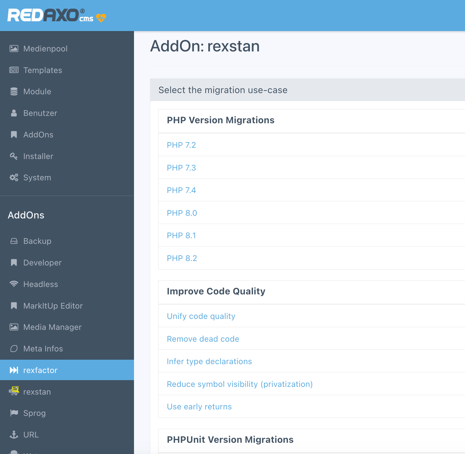 Step 2: Migration use-case selector in the REDAXO Backend